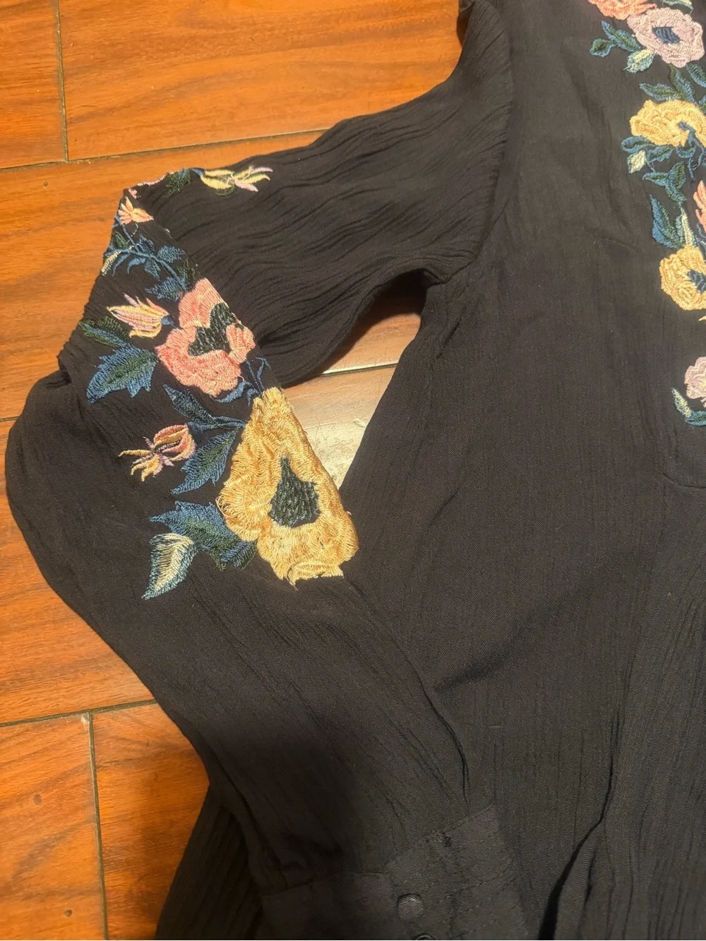 Free People Black Long Sleeve Floral Embroidered Tunic Dress